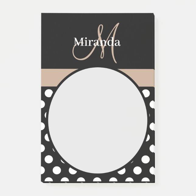 Beige Monogram Schwarz-weiß Polka Dot Post-it Klebezettel (Vorderseite)