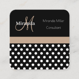 Beige Monogram Schwarz-weiß Polka Dot Quadratische Visitenkarte