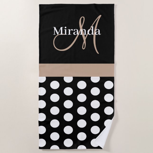 Beige Monogram Schwarz-weiß Polka Dot Strandtuch (Vorderseite)