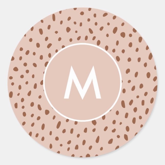 Beige Monogram Terracotta Brown Dots Print Runder Aufkleber (Vorderseite)