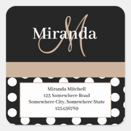 Beige Monogram White Polka Dot Rücksendeadresse Quadratischer Aufkleber