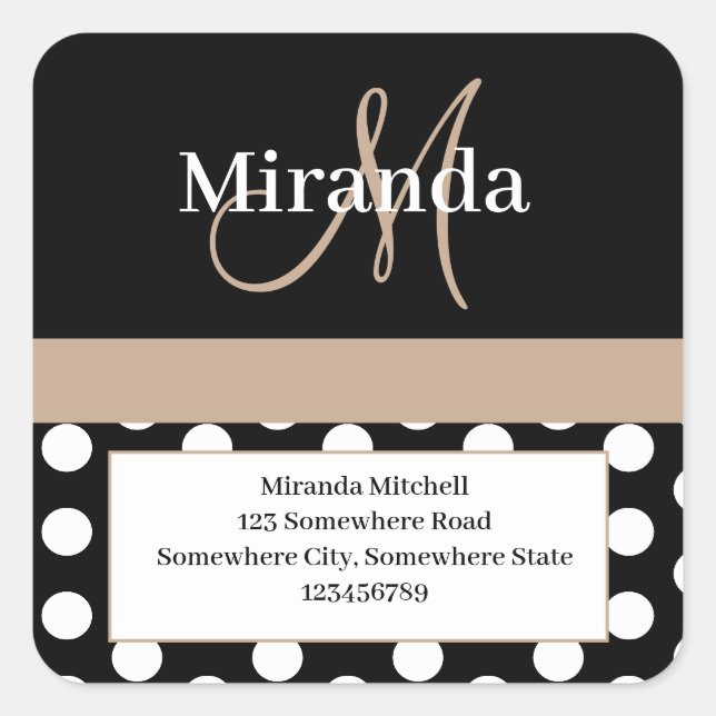 Beige Monogram White Polka Dot Rücksendeadresse Quadratischer Aufkleber (Vorderseite)