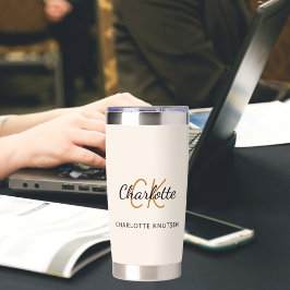 Beige Monogramm Initialen Name einfach Thermobecher
