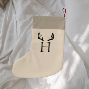 Beige Monogramm moderne Antlers Kleiner Weihnachtsstrumpf