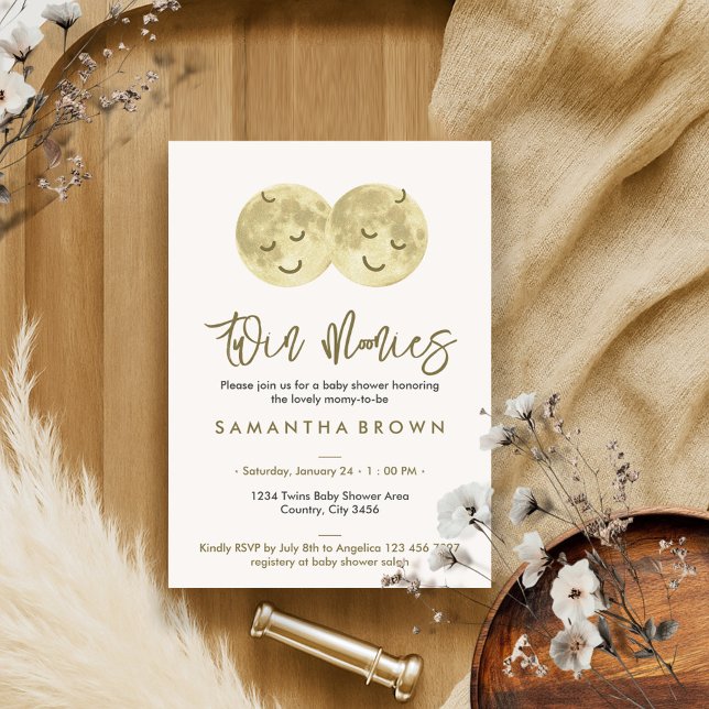 Beige Moon Twins Baby Dusche Einladung (Von Creator hochgeladen)