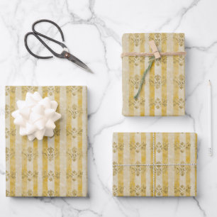 Beige Motive auf gelben Streifen Geschenkpapier Set