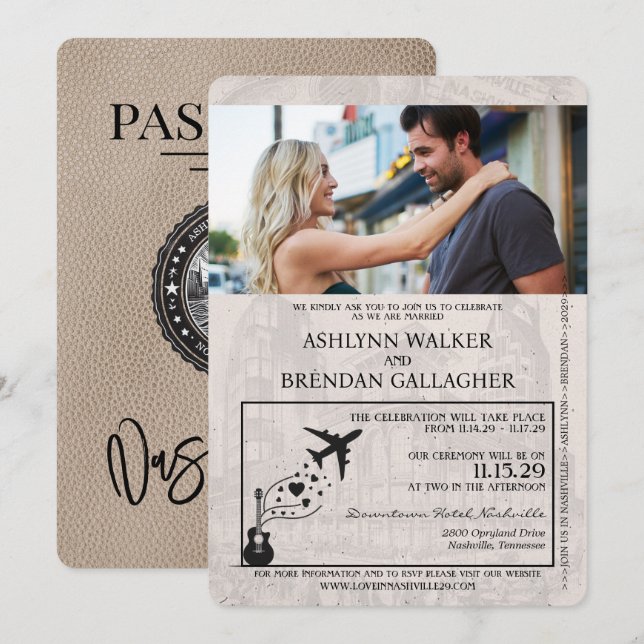 Beige Nashville Passport Wedding Einladung (Vorne/Hinten)