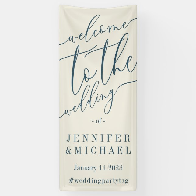 Beige Navy Signature Big Willkommen bei der Hochze Banner (Vertikal)