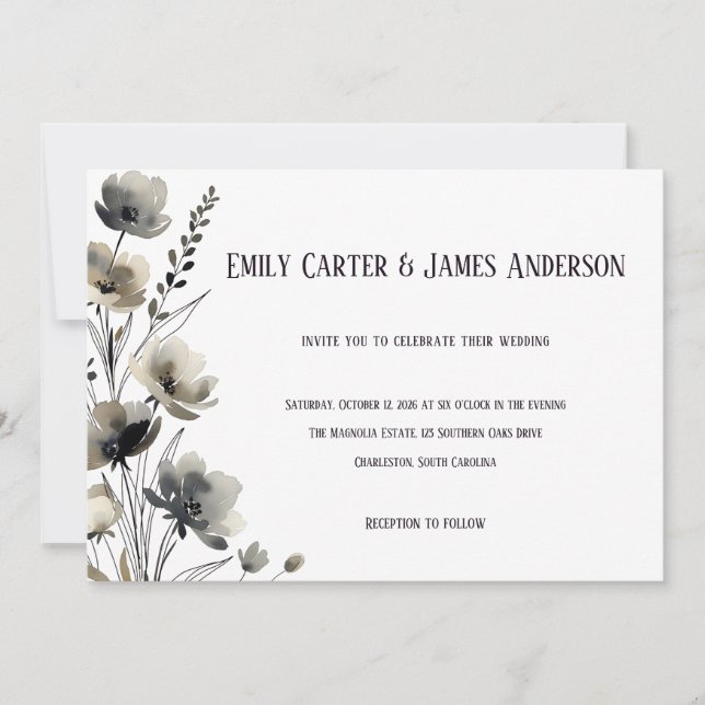 Beige Neutral Floral Wedding Einladung (Vorderseite)