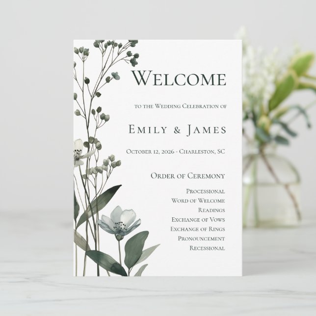 Beige Neutral Floral Wedding Programm (Stehend Vorderseite)