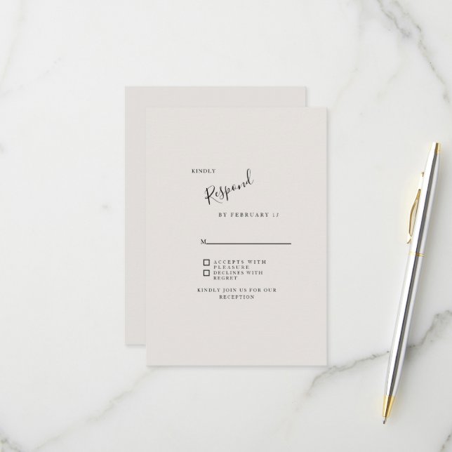 Beige neutrale, einfache moderne Hochzeitsszenarie RSVP Karte (Vorderseite/Rückseite Beispiel)