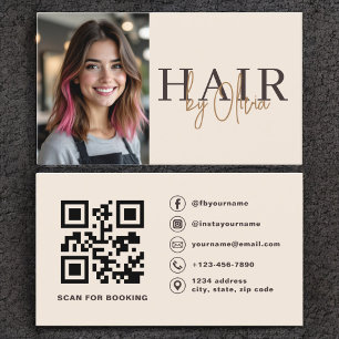 Beige neutrale Foto-QR-Code-Friseur Visitenkarte