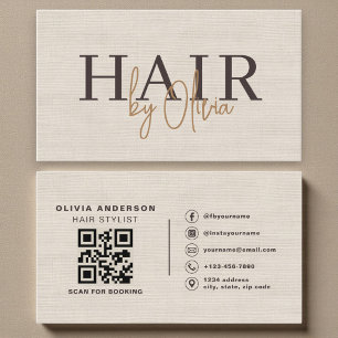 Beige Neutrale Leinen-QR-Code-Friseur Visitenkarte