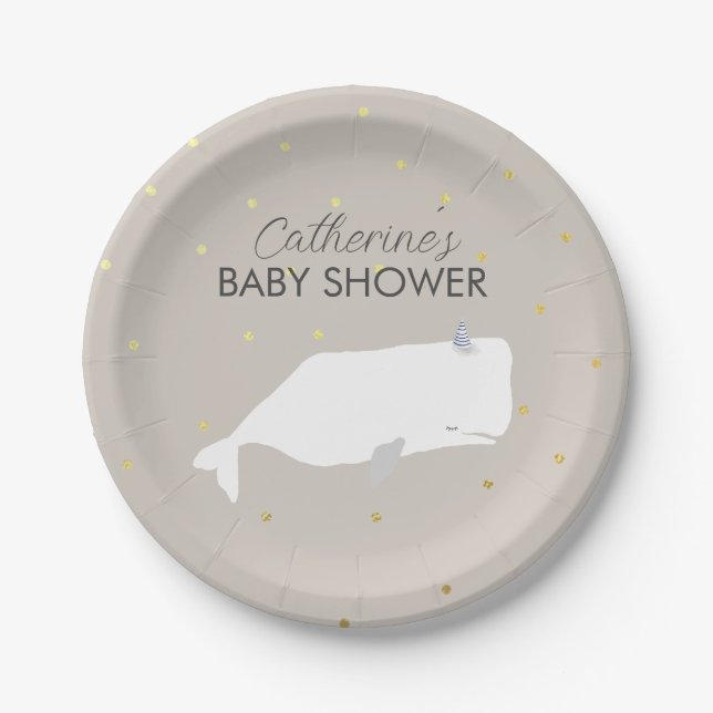 Beige neutrale weiße Whale Babydusche Pappteller (Vorderseite)