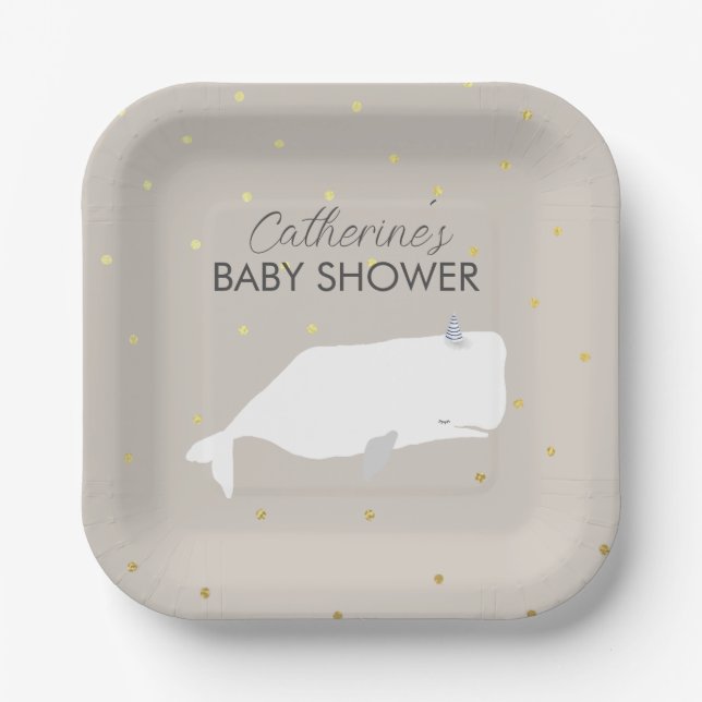 Beige neutrale weiße Whale Babydusche Pappteller (Vorderseite)
