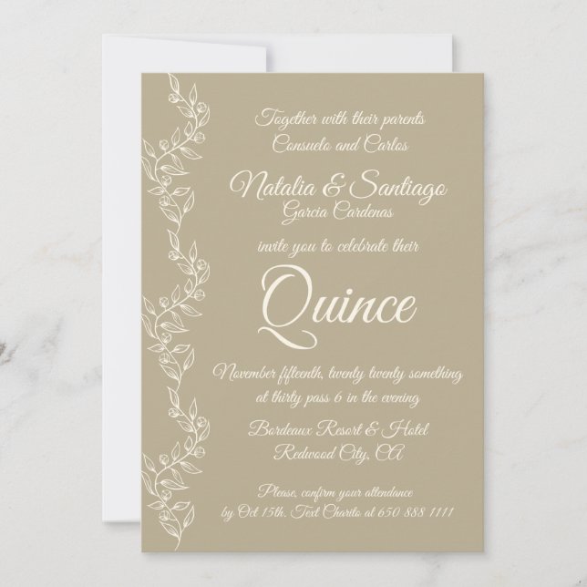 Beige Off-White Twin Boy Girl Fiesta de Quince Einladung (Vorderseite)