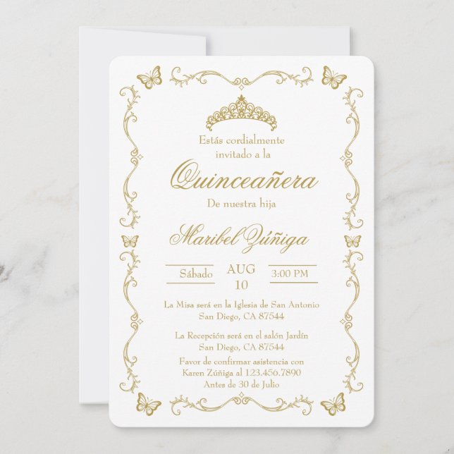 Beige or avec couronne Quinceanera invitation (Devant)
