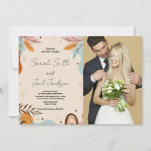 Beige Orange Hochzeitseinladungen mit Foto