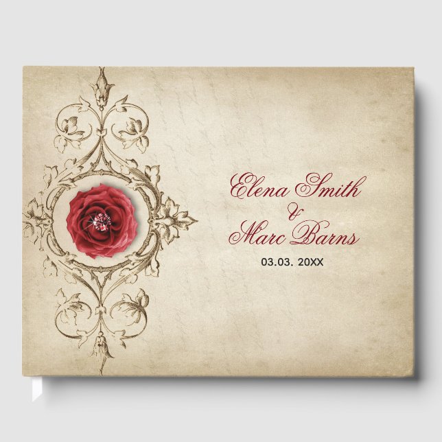 Beige Ornamente und Rote Rose Gästebuch (Vorderseite)