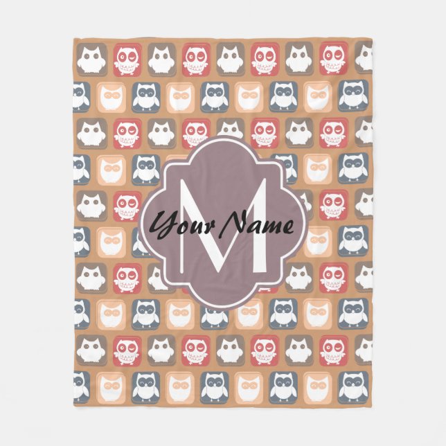 Beige Owls Personalisiert Monogramm und Name Fleecedecke (Vorderseite)