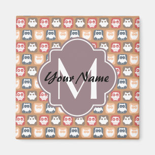 Beige Owls Personalisiert Monogramm und Name Magnet