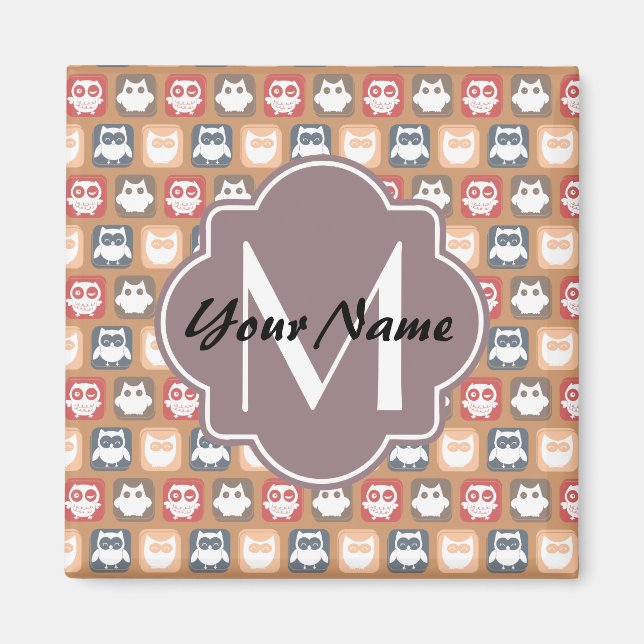 Beige Owls Personalisiert Monogramm und Name Magnet (Vorne)