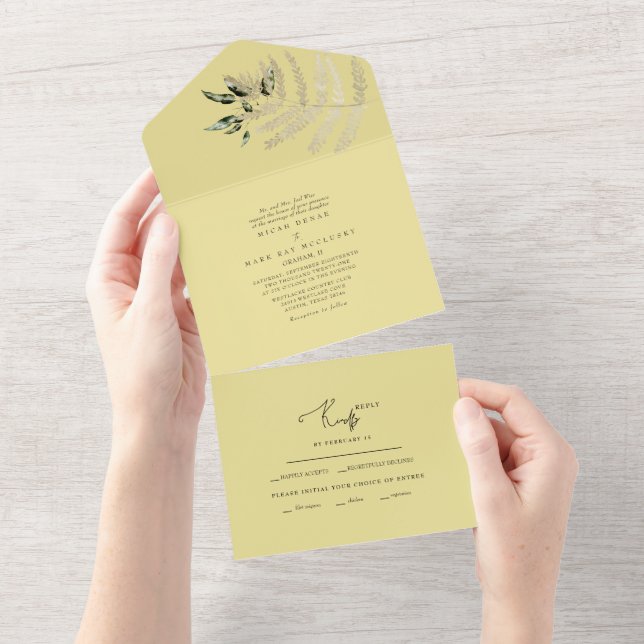 Beige Pampas Yellow Wedding All In One Einladung (Abreißen)