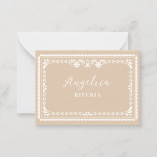 Beige Papel Picado Mexicanische Hochzeitsplatzkart Mitteilungskarte
