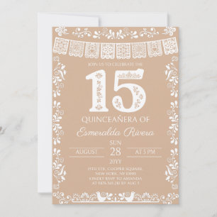 Beige Papel Picado Quinceañera 15. Geburtstag Einladung