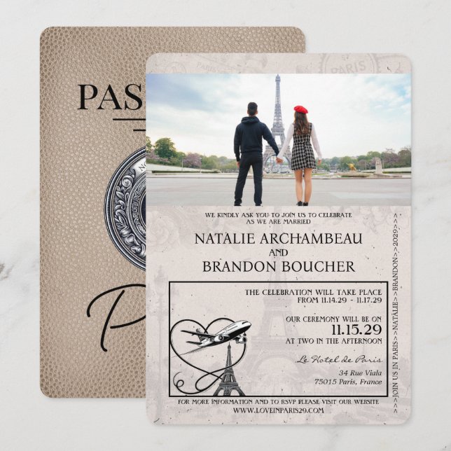 Beige Paris Passport Wedding Einladung (Vorne/Hinten)
