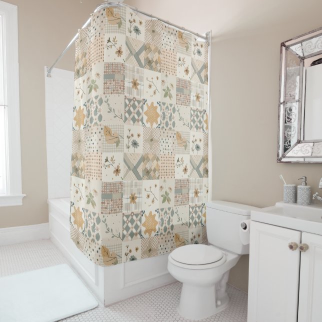 Beige Patchwork-Quilt Rustikale Blumen Retro Duschvorhang (Beispiel)
