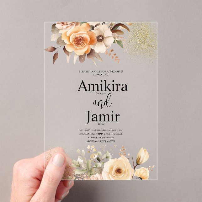 Beige Peach Dreamy Flora Hochzeit Acryleinladungen (Insitu (Handheld))