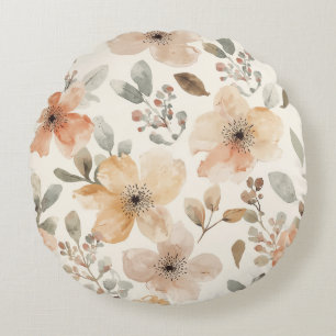 Beige Pfirsich Blumen Watercolor Botanisches Muste Rundes Kissen