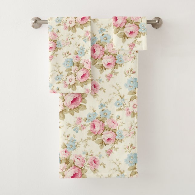 Beige Pink Blau Floral Shabby Chic Badhandtuch Set (Insitu)