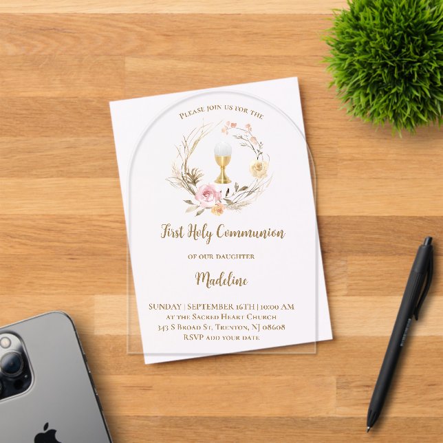 beige pink flowers | First Communion Acryleinladungen (Insitu (Einladungskarte))