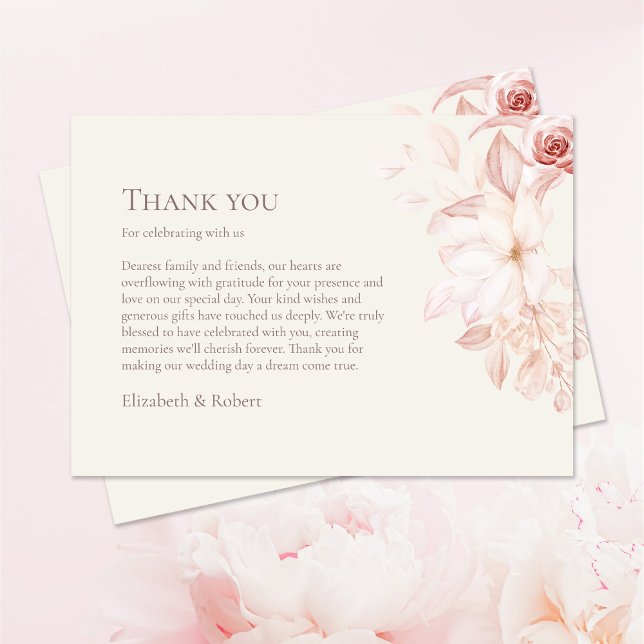 Beige & Pink Roses Wedding Vielen Dank Dankeskarte (Romantic Beige and Pink Roses Wedding Thank You Card on pastel pink table with pink roses.)