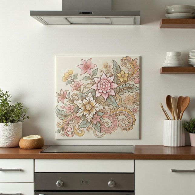 Beige Pink Yellow Boho Indonesische Batik Fliese (Beige Pink Yellow Boho Indonesian Batik Ceramic Tile)