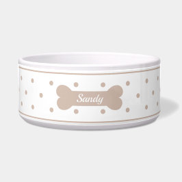 Beige Polka Dosen auf Weiß mit Dog Bone & Name Napf