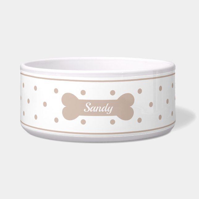 Beige Polka Dosen auf Weiß mit Dog Bone & Name Napf (Vorderseite)
