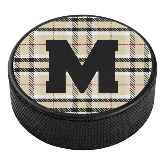Beige Preppy Kariert Fashion Monogram Personalisie Eishockey Puck (3/4)