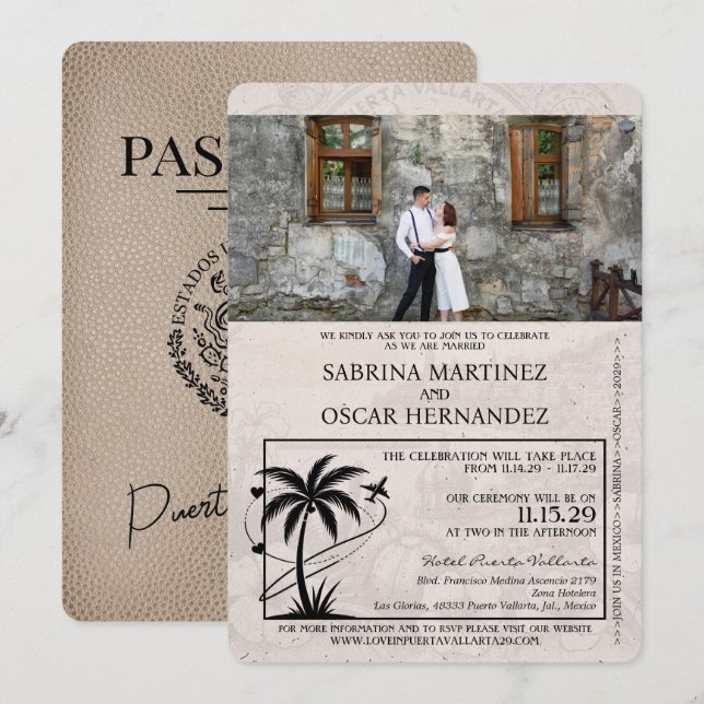 Beige Puerta Vallarta Passport Wedding Einladung (Vorne/Hinten)