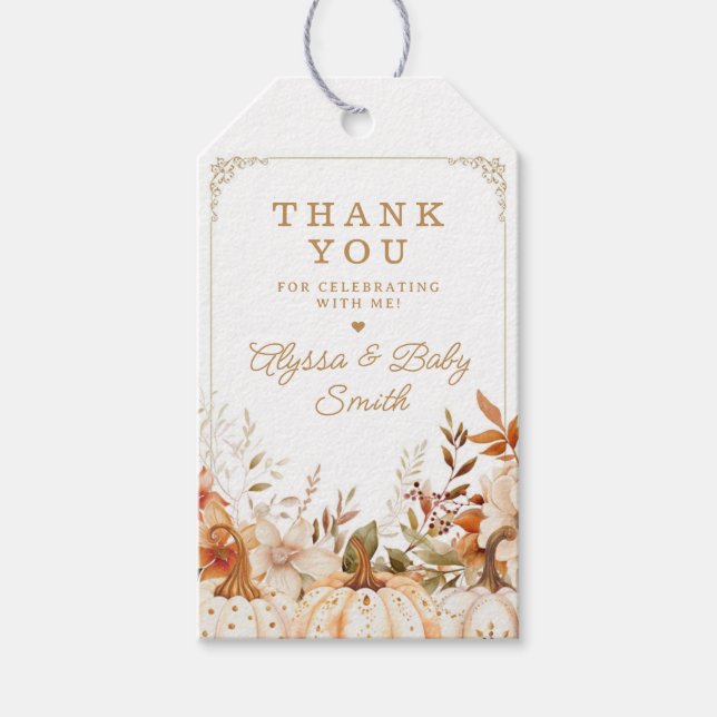 Beige Pumpkin und Blume Baby Dusche Gefallen Geschenkanhänger (Vorderseite)