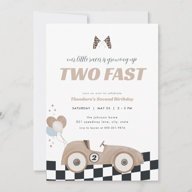 Beige Race Car Two Fast Second Birthday Invite  Einladung (Vorderseite)