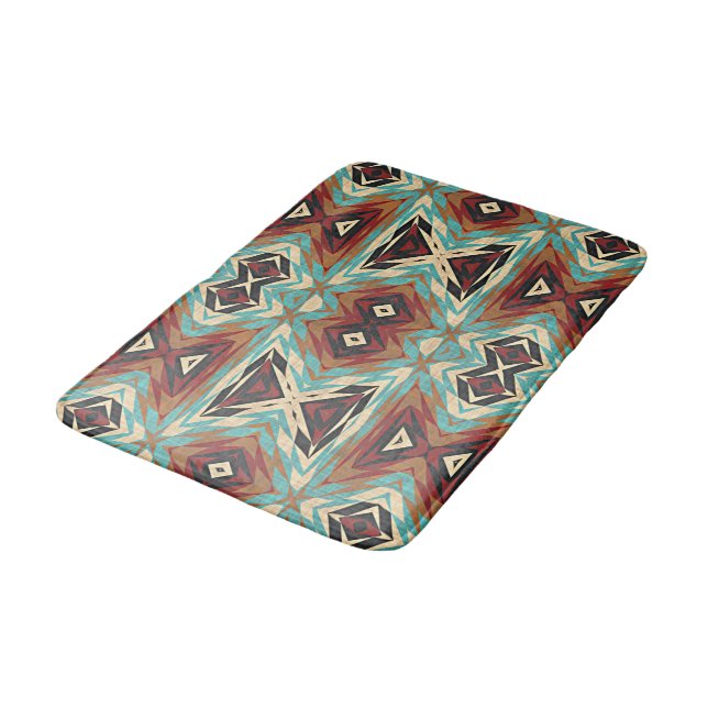 Beige Red Brown Aqua Blue Green Black Tribal Art Badematte (Schrägansicht)