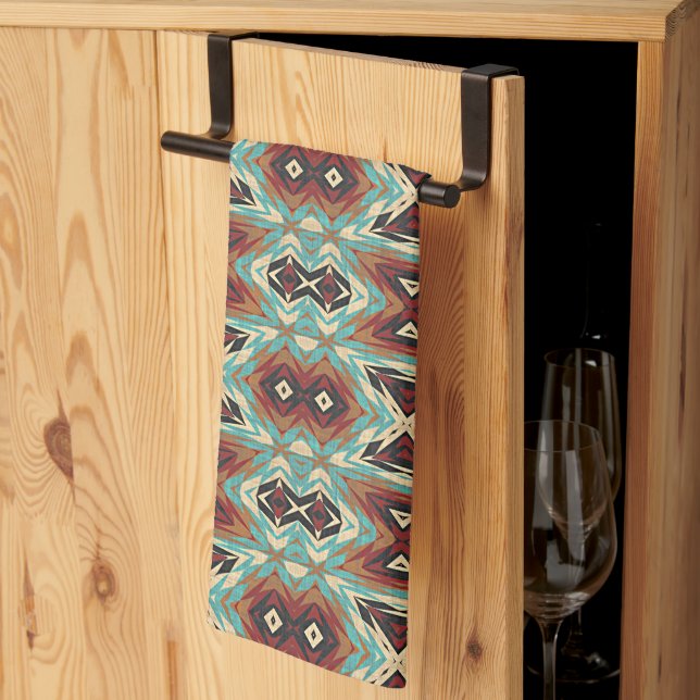 Beige Red Brown Aqua Blue Green Black Tribal Art Handtuch (Drittel gefaltet)