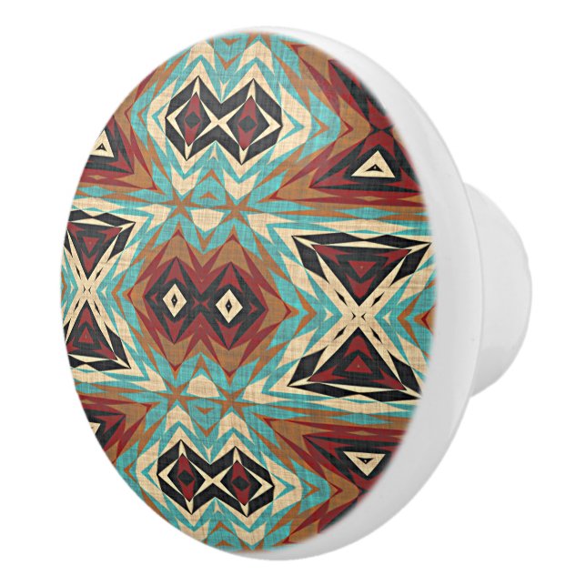 Beige Red Brown Aqua Blue Green Black Tribal Art Keramikknauf (Rechts)