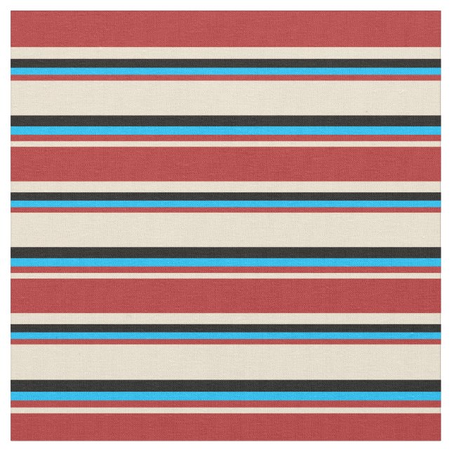 Beige, Red, Deep Sky Blue und Black Strips Stoff (Nahaufnahme)