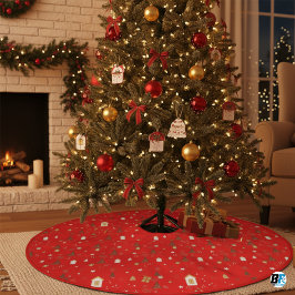 Beige Red Illustrative Christmas  Polyester Weihnachtsbaumdecke