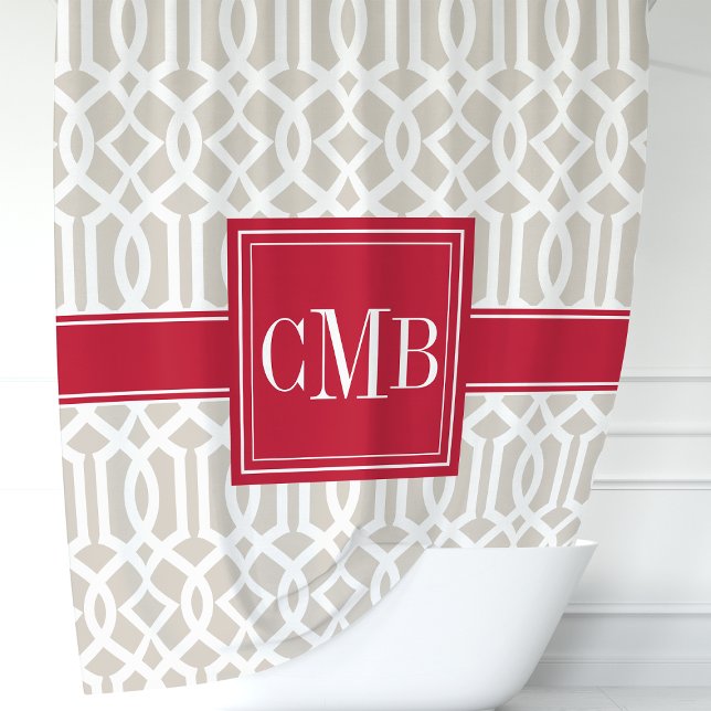 Beige & Red Trellis Monogramm Duschvorhang (Von Creator hochgeladen)