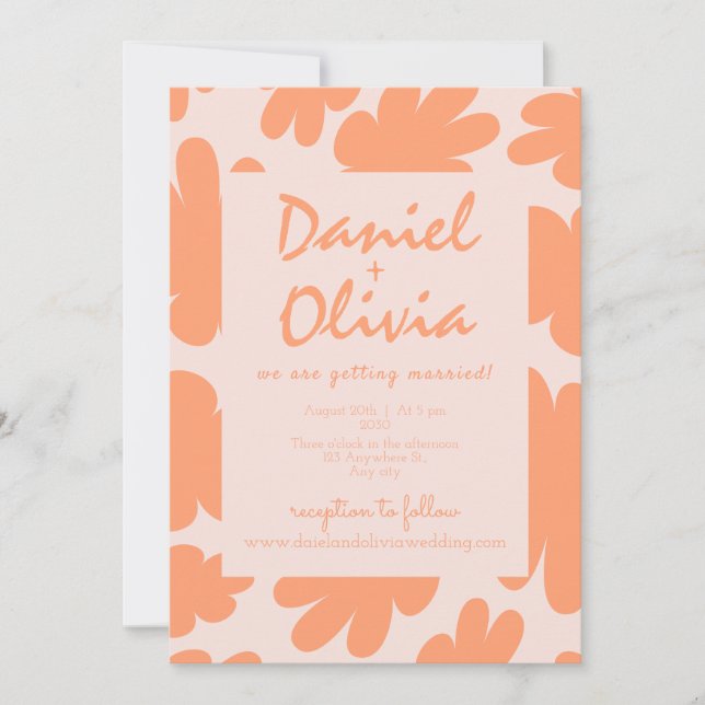 Beige Retro Floral mit Foto Hochzeit Einladung (Vorderseite)
